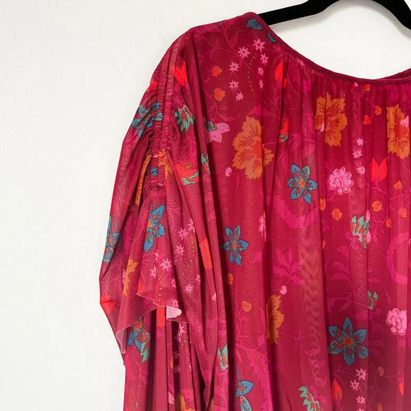 Free People Wildflower Honey Floral Flounce Top XS Red Berry Sheer Mesh - Picture 5 of 11